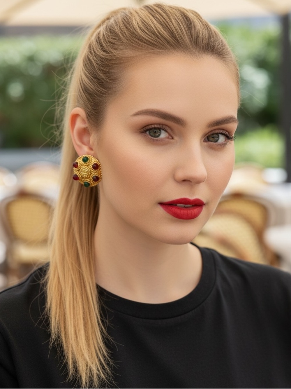 CHANEL Gold-Plated Gripoix Round Earrings with Red and Green Cabochons